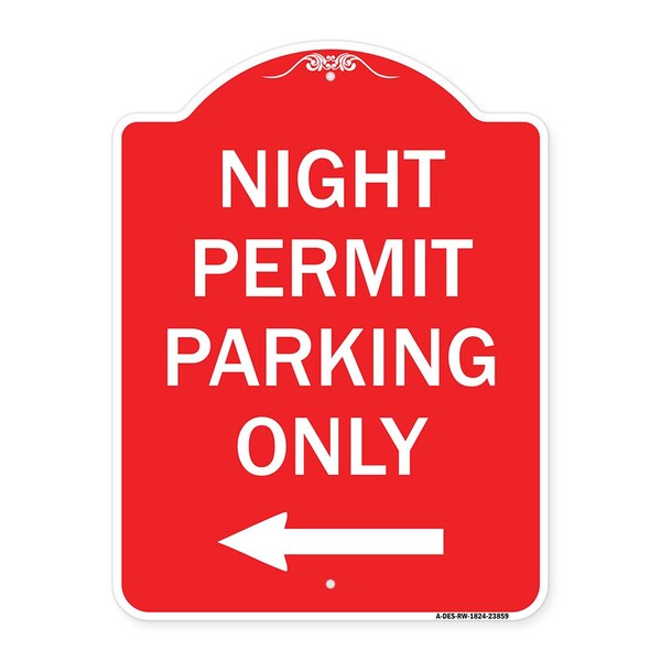 Signmission Night Permit Parking W/ Left Arrow, Red & White Aluminum Sign, 18" x 24", RW-1824-23859 A-DES-RW-1824-23859 - main